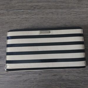 Kate Spade black and white striped patent leather zip around wallet